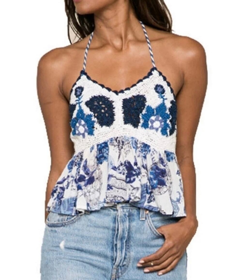RAGA Meet in Capri Blue White Bohemian Floral Crochet Ruffle Halter Top Size L